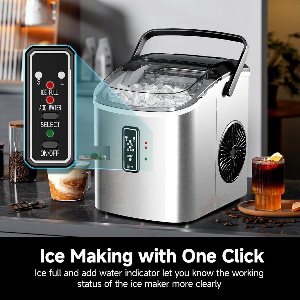 Ice Maker Countertop with Carry Handle, 9 Cubes Ready in 6 Mins, 26.5lbs/24H, Self-Cleaning, 2 Sizes of Bullet Ice