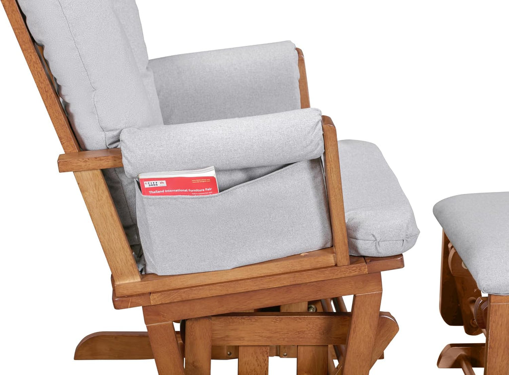 Contempo Nursery Rocking Chair with Ottoman, Wooden Glider for Baby Nursing, Smooth Gliding Rocker, Walnut Wood and