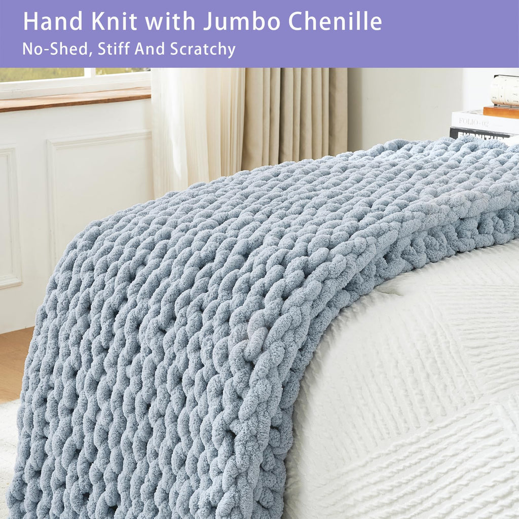 Chunky Knit Throw Blanket for Couch, 40x40 inches, Fog Blue