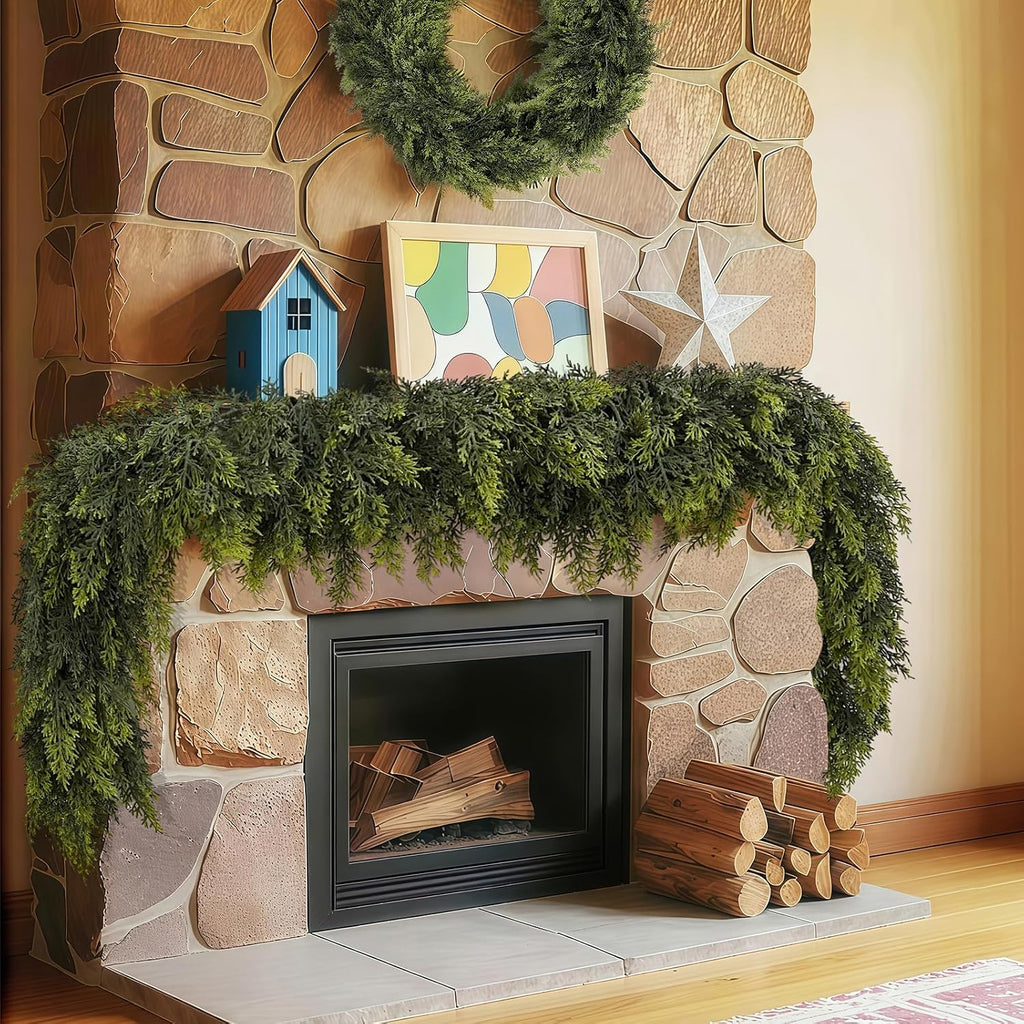 2 Pcs 6FT Christmas Garland, Christmas Decorations, Real Touch Cedar Garland, Artificial Cypress Garlands for Mantle