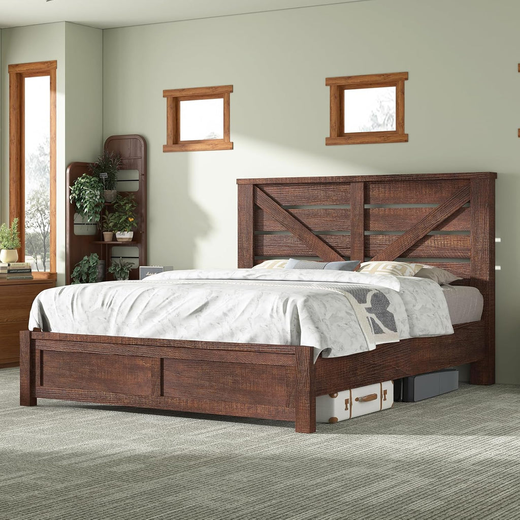 Queen Bed Frame with 49.2" Barn Door Headboard and Footboard, Rustic Farmhouse Platform Bed Frame with Wood Slats, No