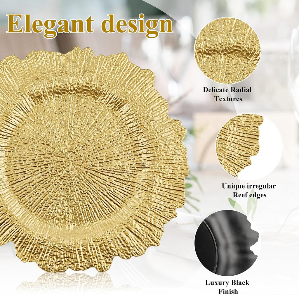 120-Pack 13" Gold Beaded Charger Plates - Disposable/Reusable Plastic Round Dinner Chargers, Prevents Food Overflow - Set of 120