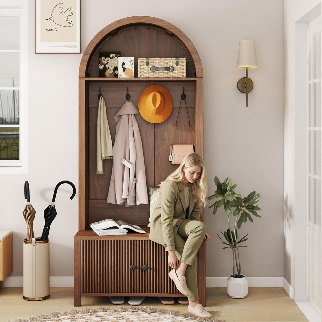 Hall Tree with Bench and Shoe Storage, Entryway Storage Bench with Coat Rack, 70.08" Tall Mudroom Rack with 4 Double
