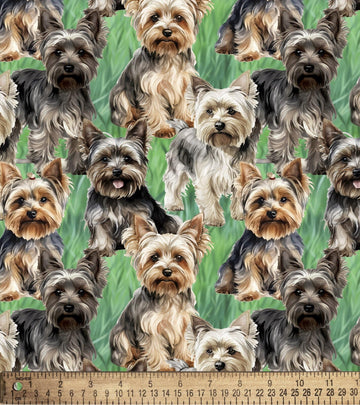 Cotton Yorkies 2 Dogs Puppies Animals Pets Cotton Fabric Print by The Yard