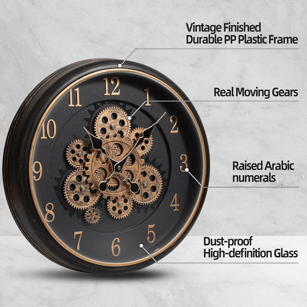 Large Wall Clock with Moving Gear, 40cm / 16 Inch Retro Wall Clock for Living Room Decor, Industrial Steampunk Decorative Wall Clock...