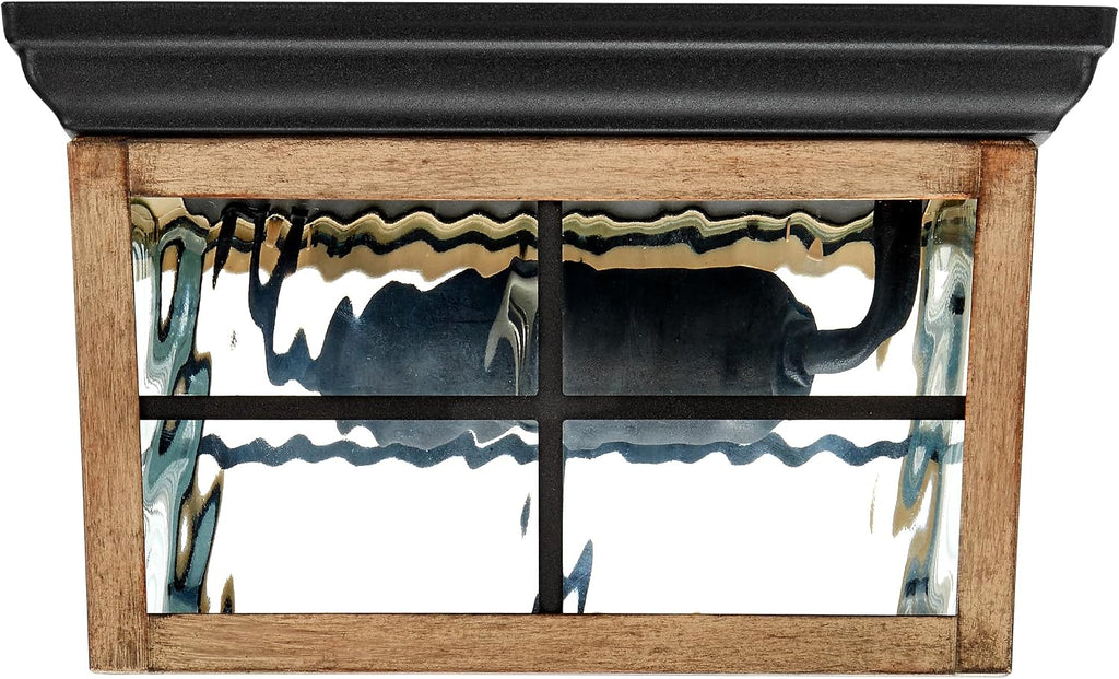 Outdoor Flush Mount Ceiling Light Fixture, Wood Grain, 2-Light | Water Glass, Square Farmhouse, Porch or Patio Light