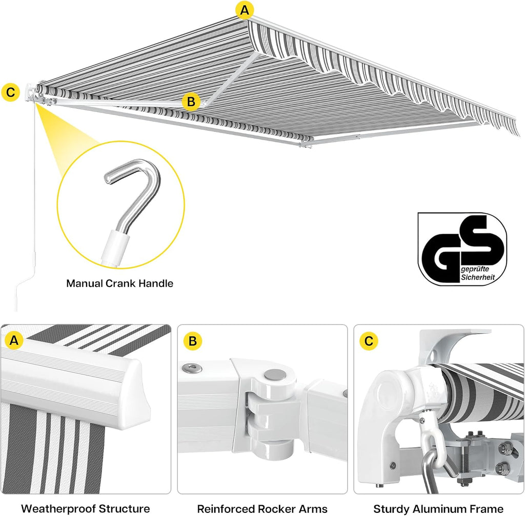 Retractable Patio Awning 8.2'×6.5', Grey with White Strip | Fully Assembled Retractable Balcony Awning, 280G