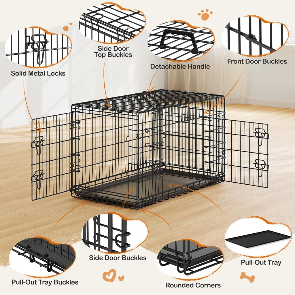 42 inch Double Door Dog Crate w/Divider for Puppy to Adult XL Collapsible Metal Crate with Removable Tray Wire Dog