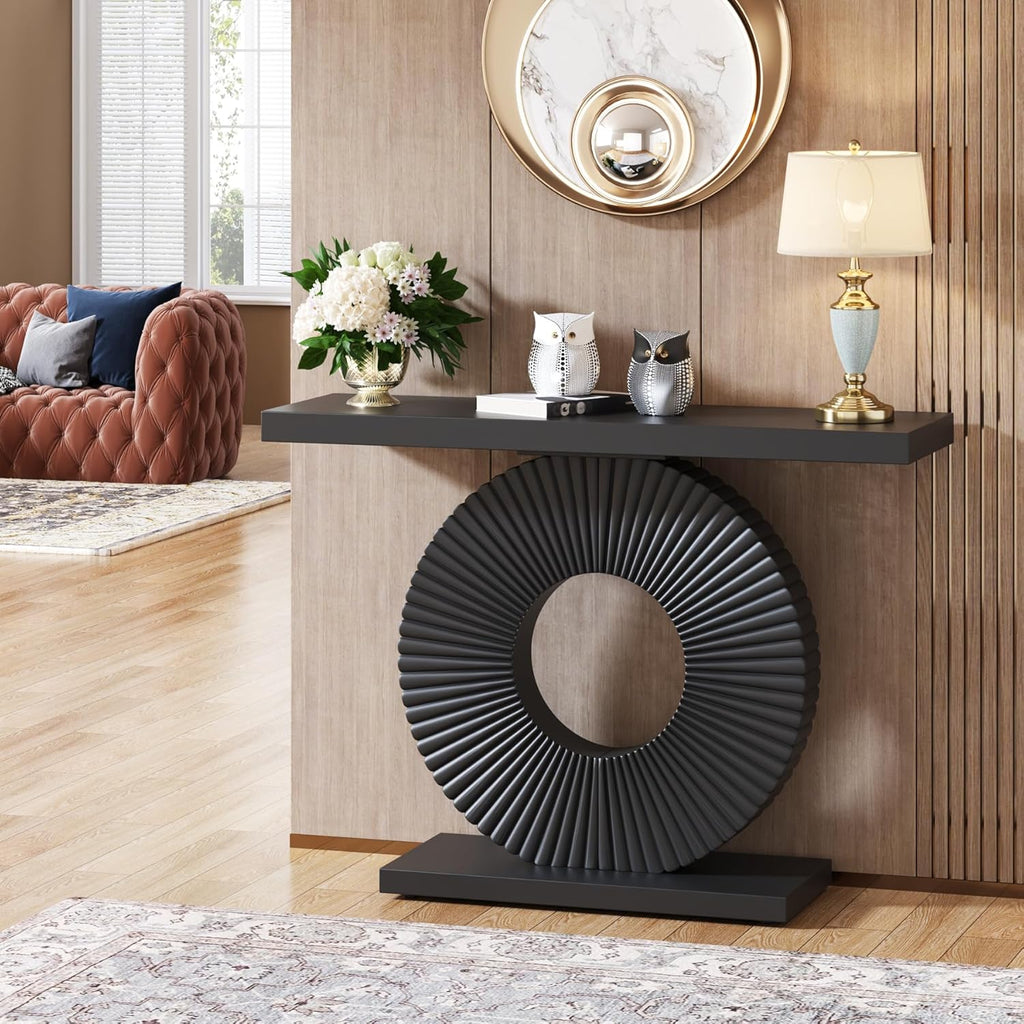 Modern Console Table with Geometric Base, 40 inch Wood Entryway Table Sofa Table Narrow Long, Contemporary Accent