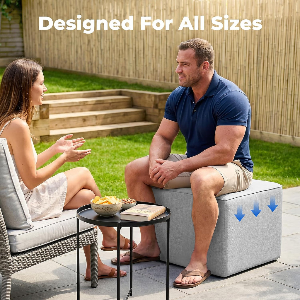 Square Outdoor Ottoman Pouf, 24" Waterproof Patio Foot Rest, Light Gray | Ottoman Foot Rest, Comfy Footstool