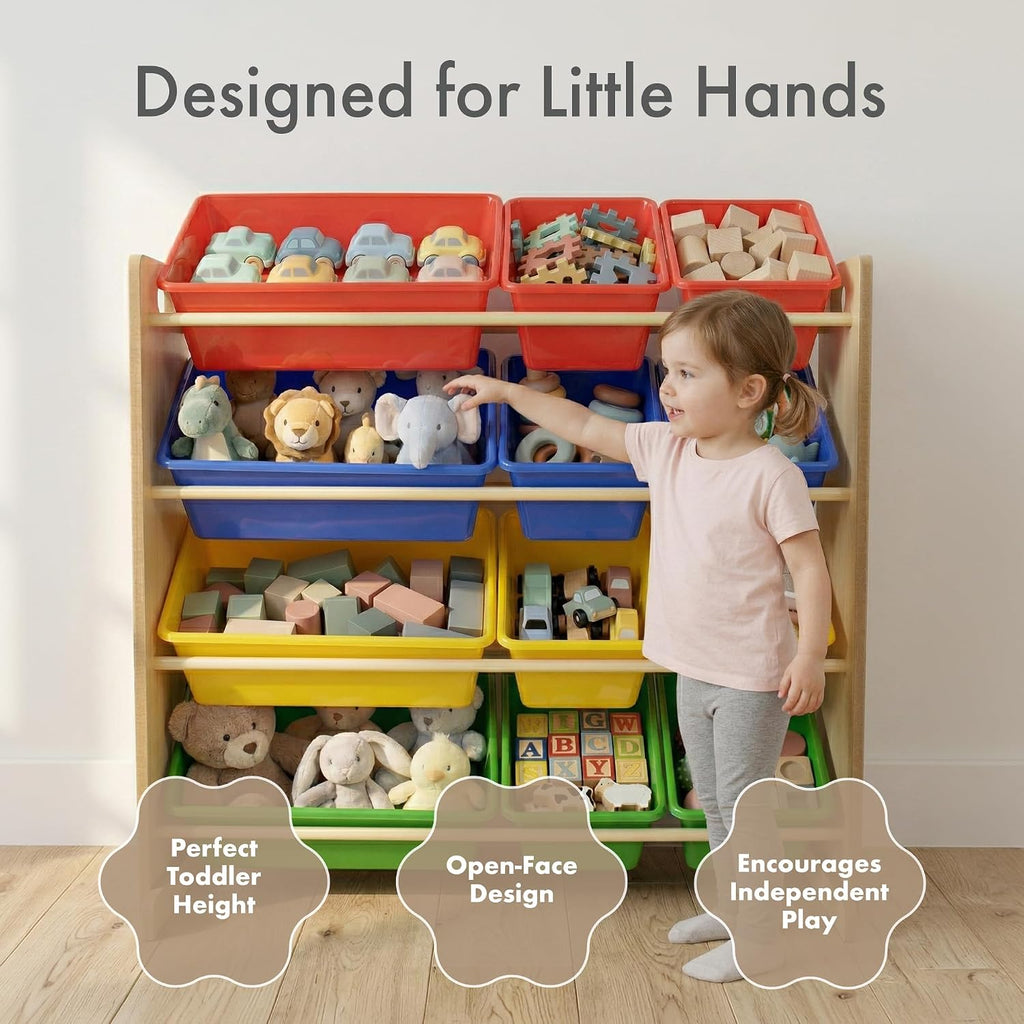 Kids' Toy Storage Organizer with 12 Plastic Bins, Natural/Primary, Model Number: WO560