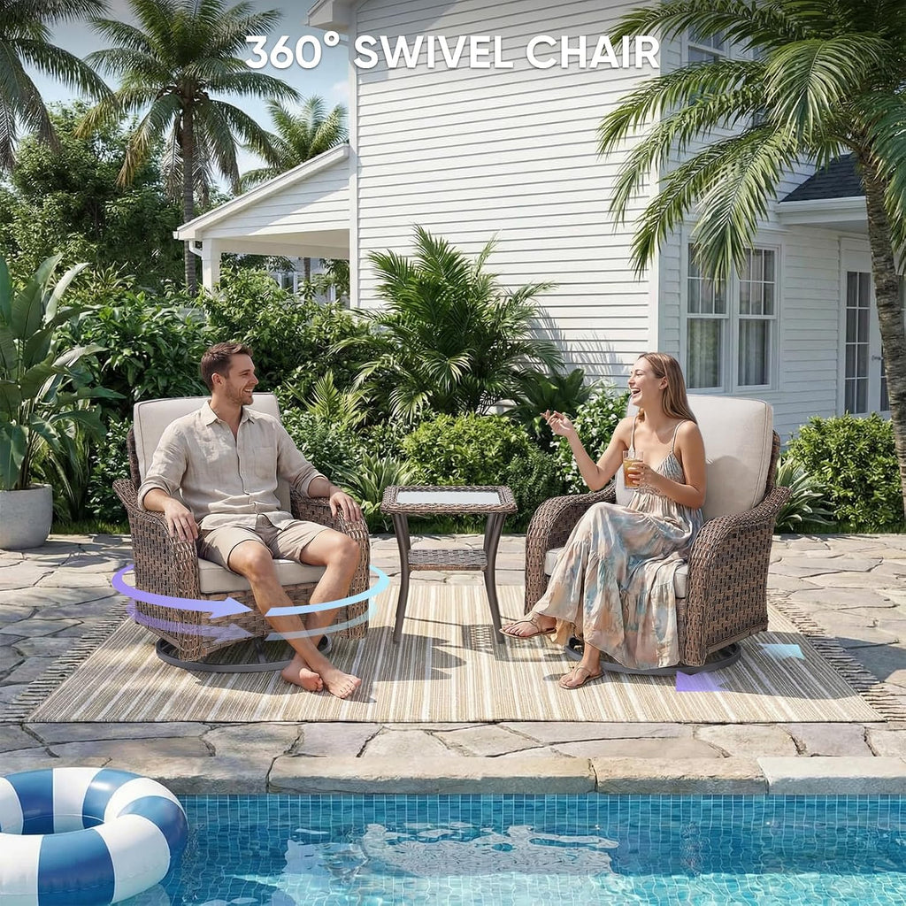 Patio Wicker Swivel Chairs -3 Piece Outdoor Swivel Rocking Chairs with Rattan Side Table, Ergonomic Design for Porch