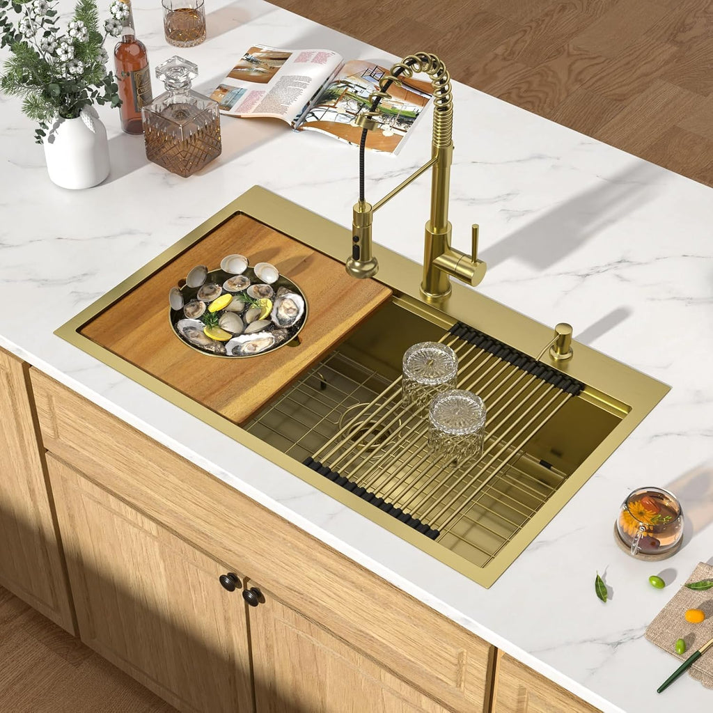36x22" Gold Drop Sink, Workstation All-In One, SUS304 | 16 Gauge Stainless Steel Single Bowl Topmount Large Kitchen