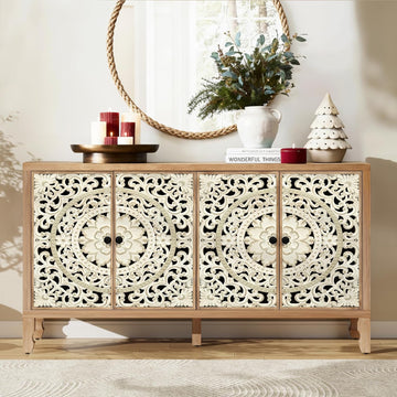 59" Solid Wood Buffet Cabinet, Accent Cabinet with 4 Carved Doors | Vintage Sideboard with Adjustable Shelf, Wooden