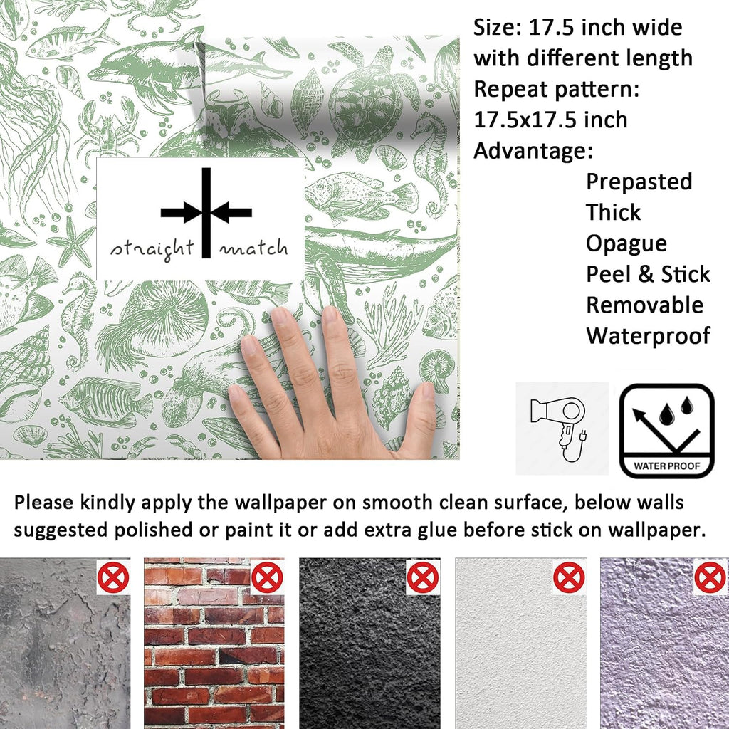 17.5x276 Coastal Peel and Stick Wallpaper Green Contact Paper Beach Nautical Ocean Renter Friendly Whale Shark Sage
