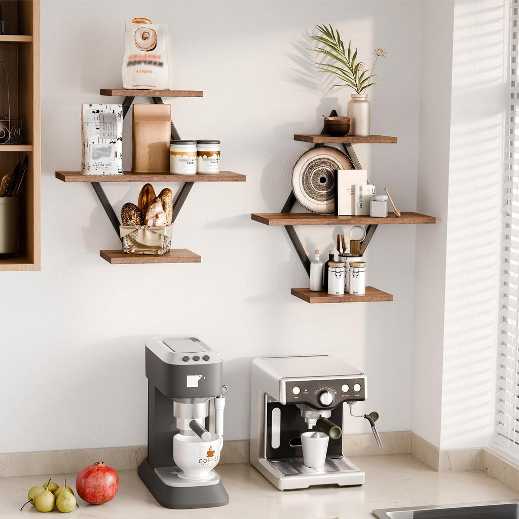 Floating Wall Shelves, Set of 2, Rustic Brown | 3-Tier Hanging, Wall Mounted, Sturdy & Durable