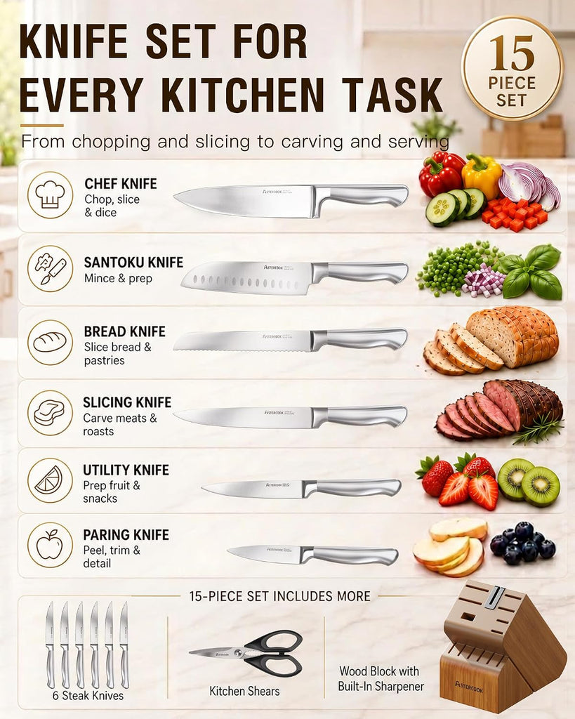 Knife Set 15 Piece German Steel Kitchen Knife Block Set | Wooden Block with Built-in Sharpener, One-Piece Design