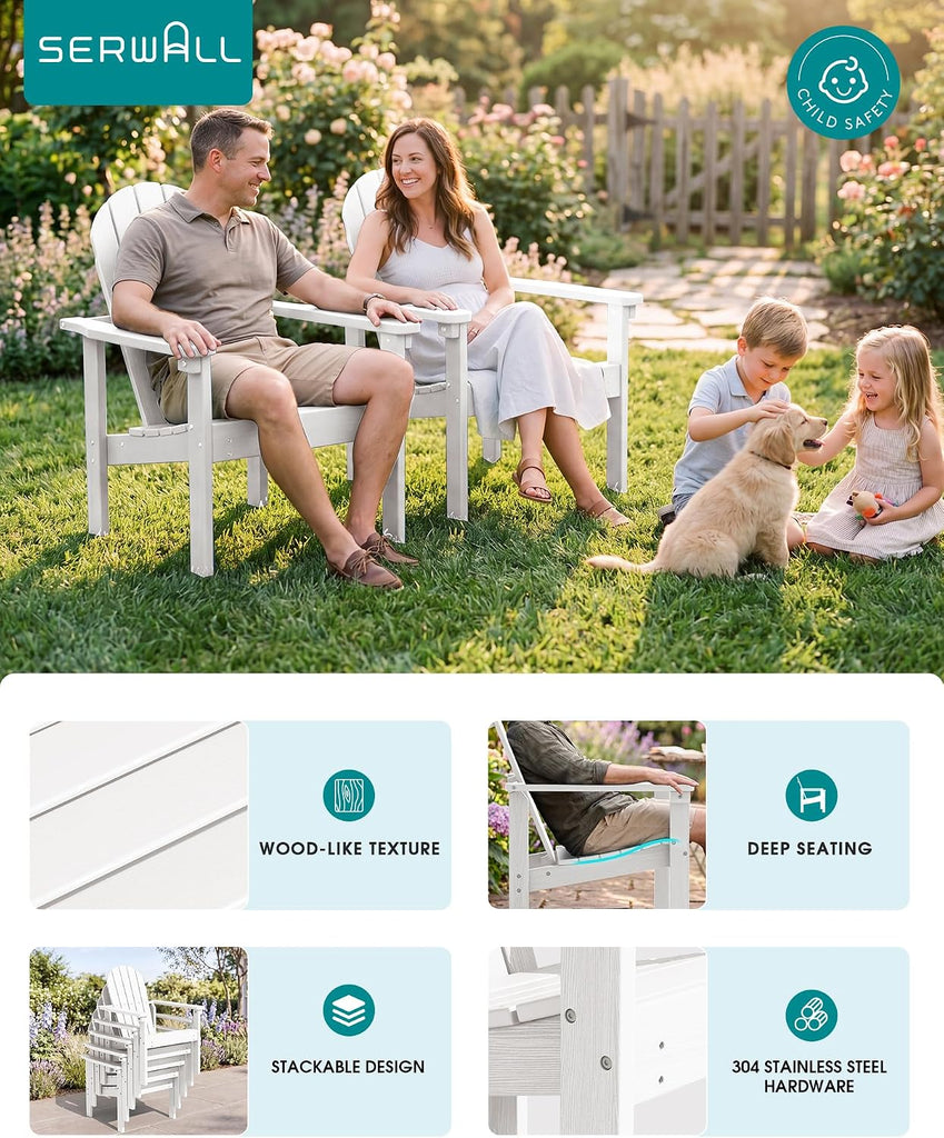 HDPE Stackable Adirondack Chairs Set of 2,Space-Saving, White | Weather-resistant Adirondack chair resists fading and