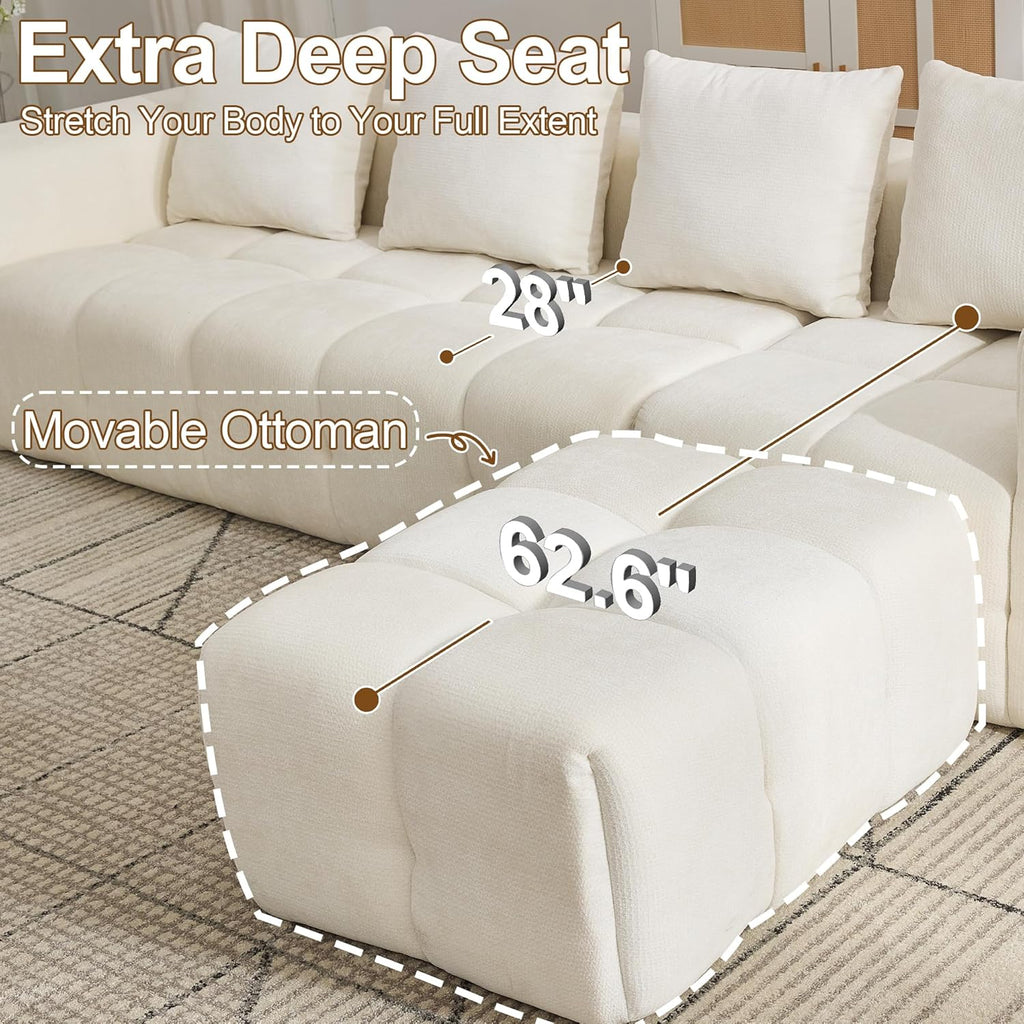 119" Boneless Couch, Cloud Sectional Couch with Deep Seat, High-Density Memory Foam and Chaise