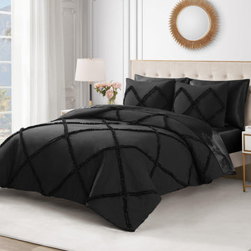 Diamond Comforter Set - Ruffle 2-Piece Machine Washable Reversible Bedding Comforter Set, Black