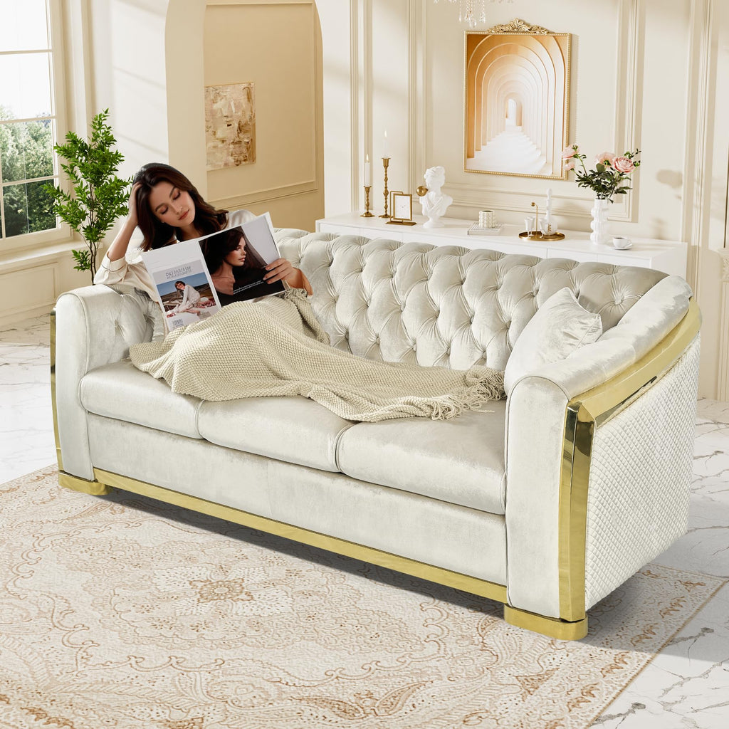 84" Luxury Oversized Velvet Chesterfield Sofa, White and Gold Couch