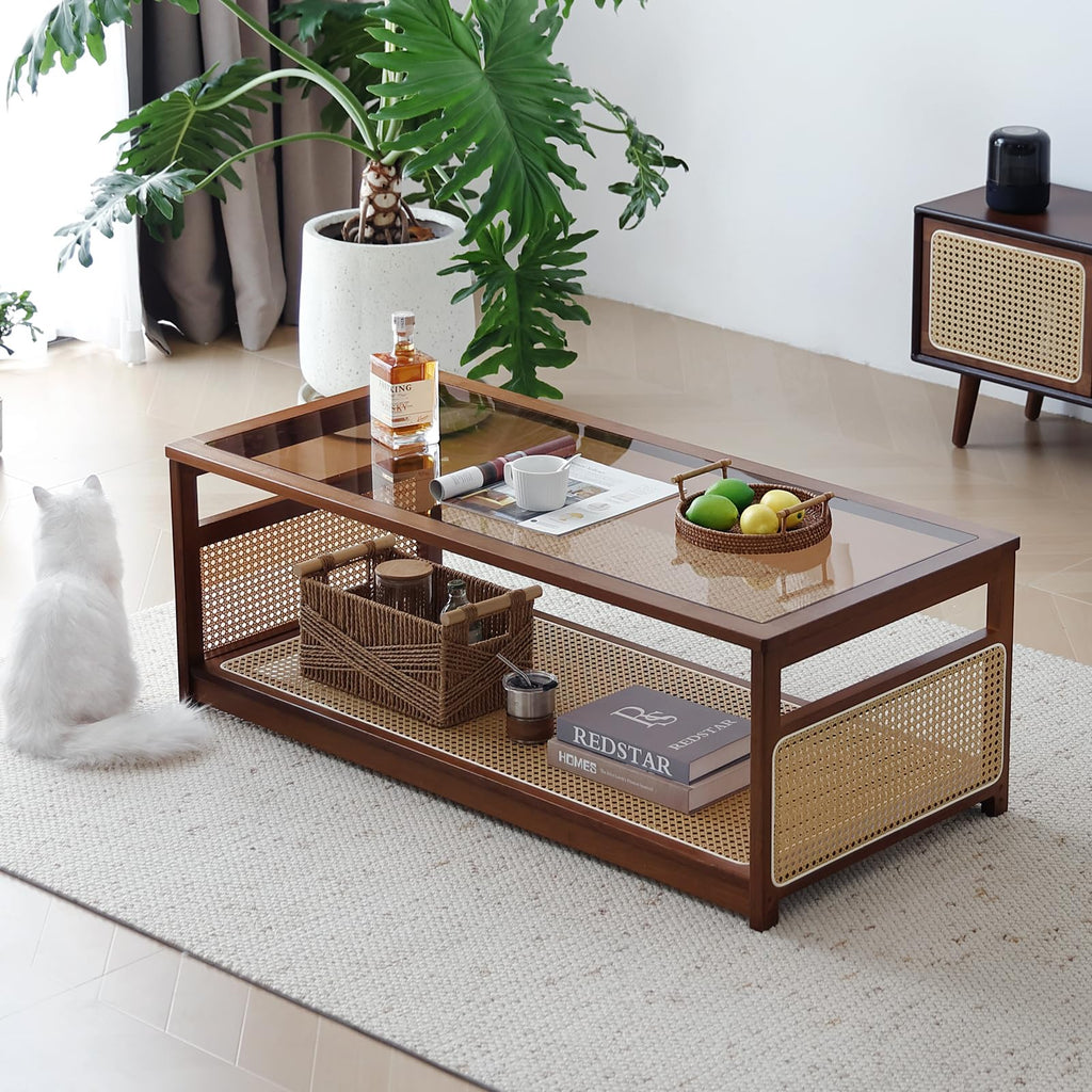 Rattan Coffee Table, 2-Tier Rectangle Center Table, 47.5", Walnut