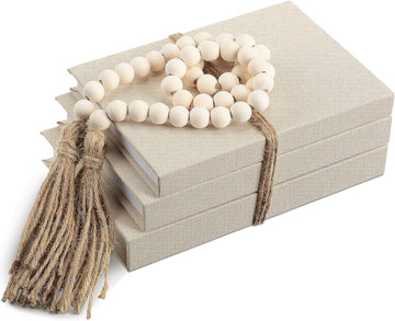 Linen Covered Decorative Books, Set of 3, Coffee Table Books Fabric Book Decor with Wooden Beaded Tassel Neutral Home