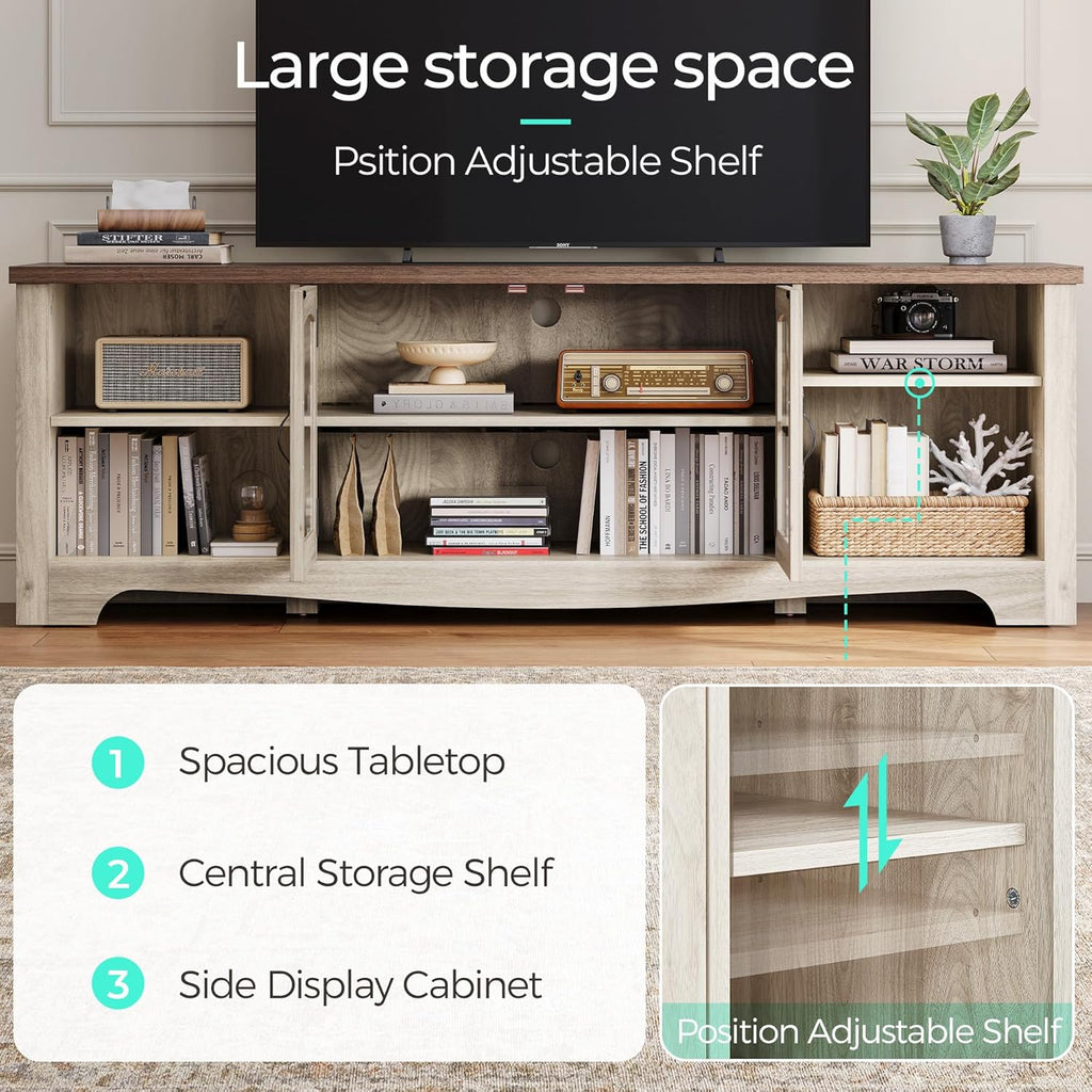 TV Stand for 75 Inch TV, Modern Farmhouse Entertainment Center with Storage Cabinets and Glass Doors, Tall Media