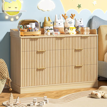 Nursery Dresser, 7 Drawer Wood Baby Dresser, Fluted Chest with Gold Handles, Safe & Spacious Storage Organizer for