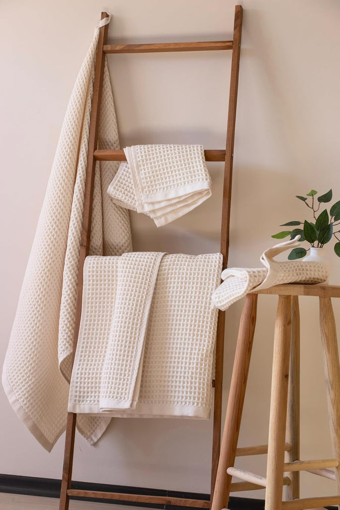 Natural 100% Turkish Cotton Waffle Towels Set (4-Piece) | Raw-Undyed, Large Size 2 Hand & 2 Bath Towel Quick-Dry Soft