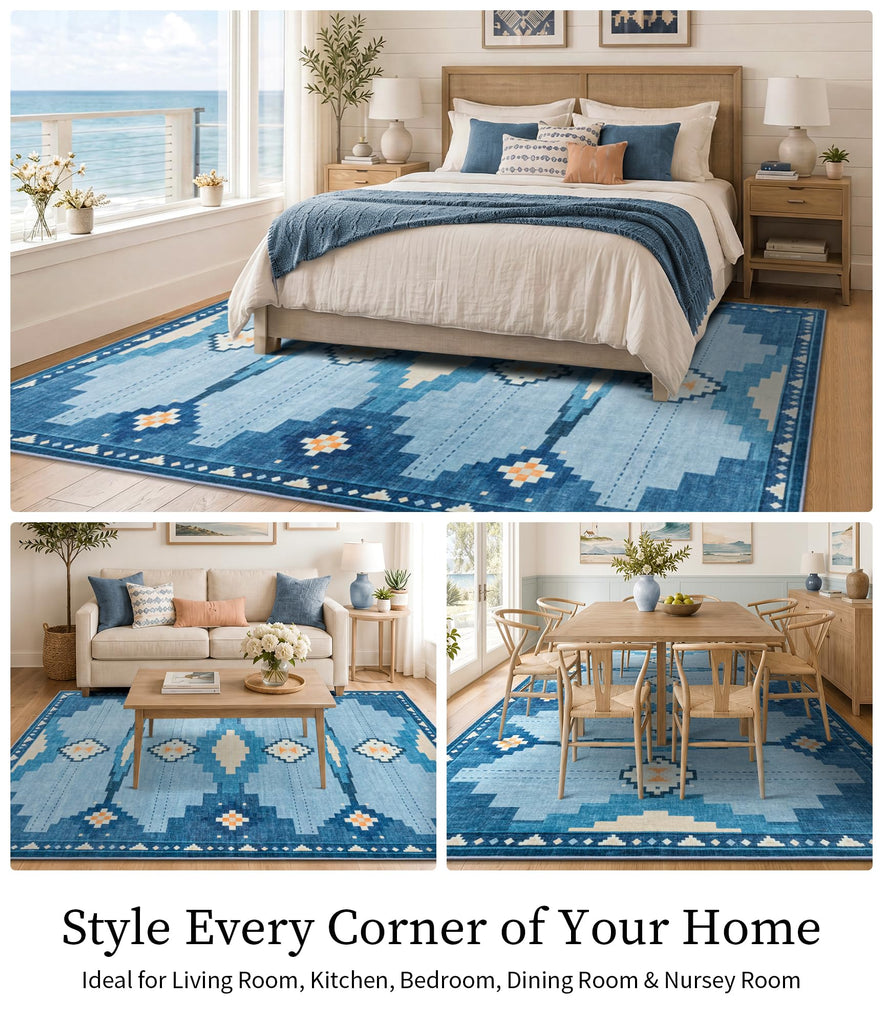 Washable Blue Geometric Area Rug