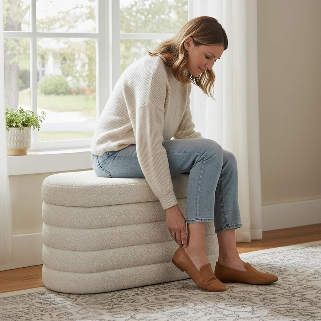 Oval Storage Ottoman Bench, 30 Inches Entryway Shoe Seat | Upholstered Ottoman with Storage, End of Bed Stool Blanket