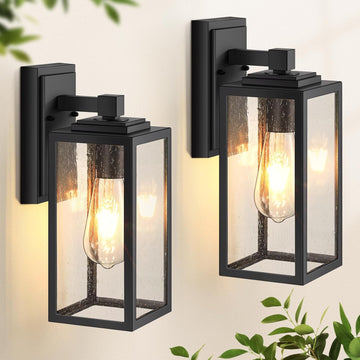 2 Pack Outdoor Wall Lights, Exterior Lights for House Lantern, Matte Black Waterproof Anti-Rust Outdoor Lights for Porch, Garden, Doorway, Seed Tempered Glass