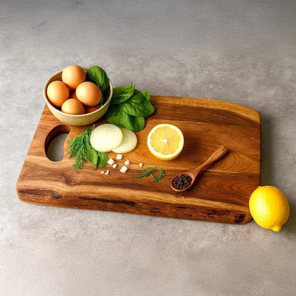 Acacia Wood Cutting Board with Oval Handle 14 x 11 Inch | Live Edge Cheese Board, Charcuterie Tray, Chopping and