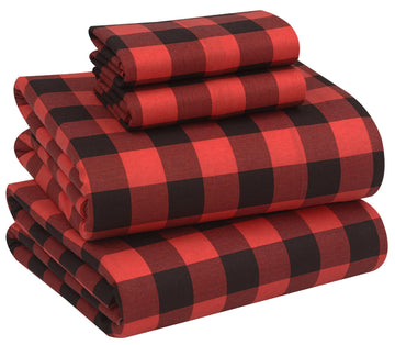 100% Cotton Flannel Sheets, 4 PCs, Red & Black Plaid