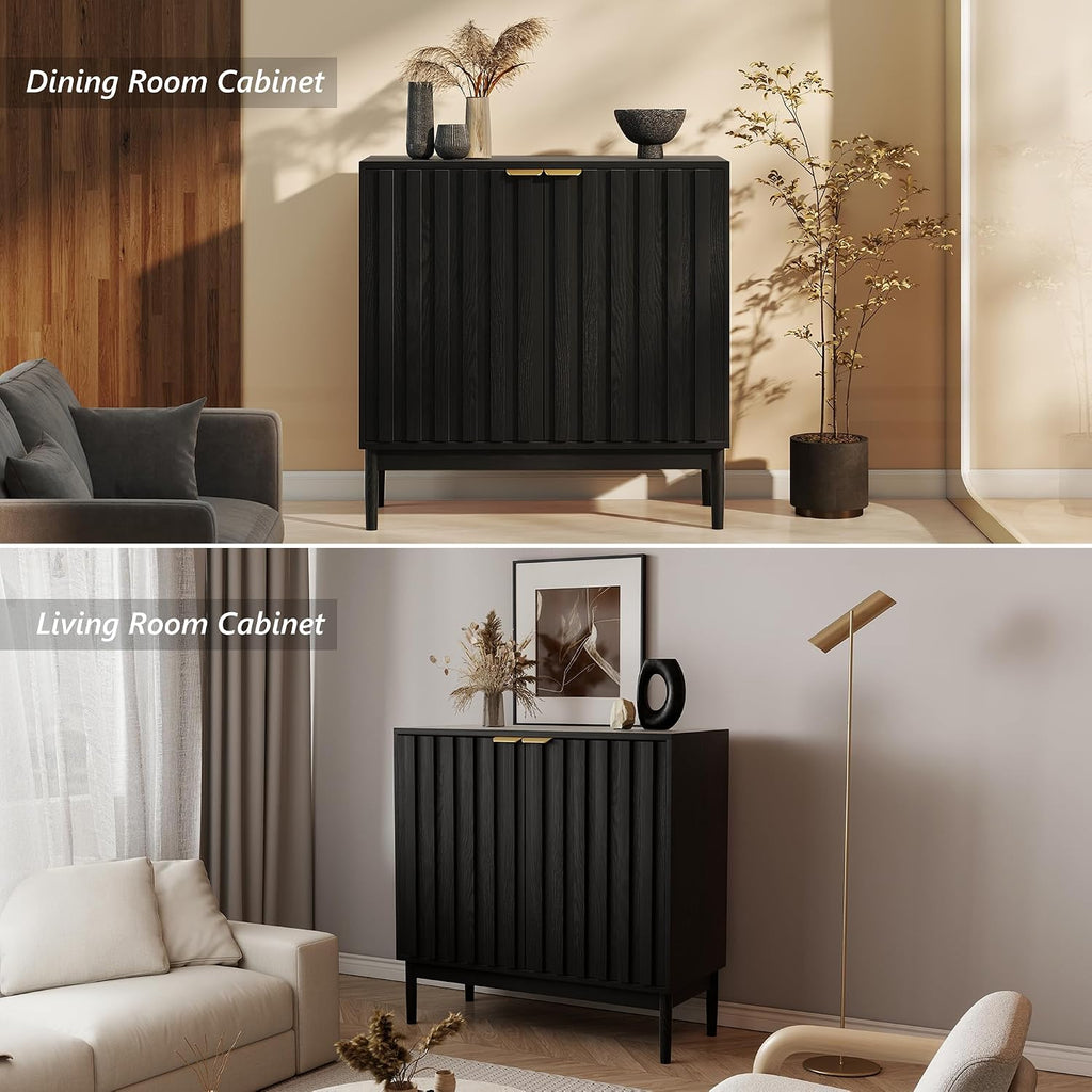 Fluted Cabinet with Storage, Buffet Cabinet Sideboard with 2 Doors, Black Buffet Storage Accent Cabinets with