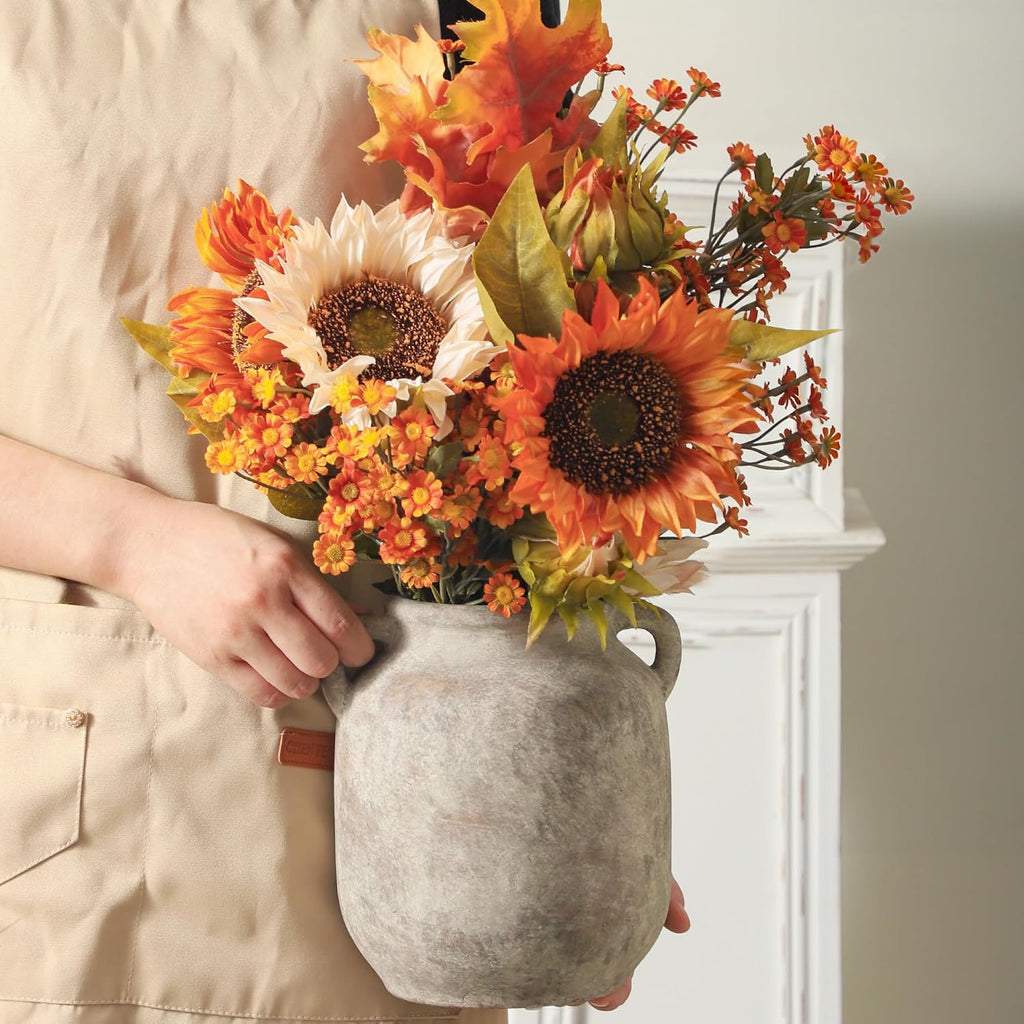 Ceramic Flower Vase Home Decor - 7.6 Inch Farmhouse Rustic Table Vases with Handle Living Room Decoration Decorative