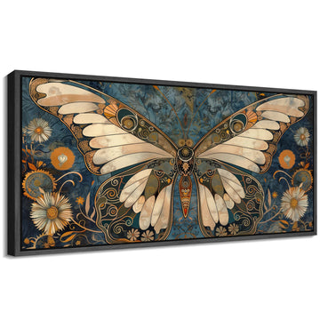 Extra Large Framed Canvas Ornate Butterfly and Flowers Vintage Style Illustrations Modern Art Calm Warm - 60"" x30