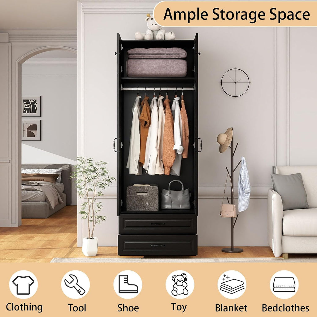 Armoire Wardrobe Closet with Drawers: Bedroom Armoires with Hanging Rod, Wooden Closet Cabinet for Hanging Clothes