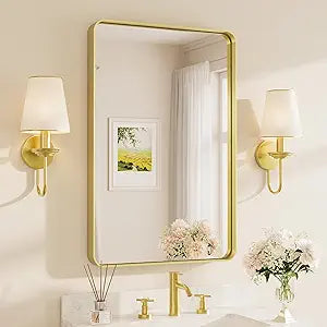 Brushed Gold Bathroom Mirror, 24 x 36 Inch Metal Framed Mirror, Brushed Brass Rectangle Wall Mounted Golden Vanity