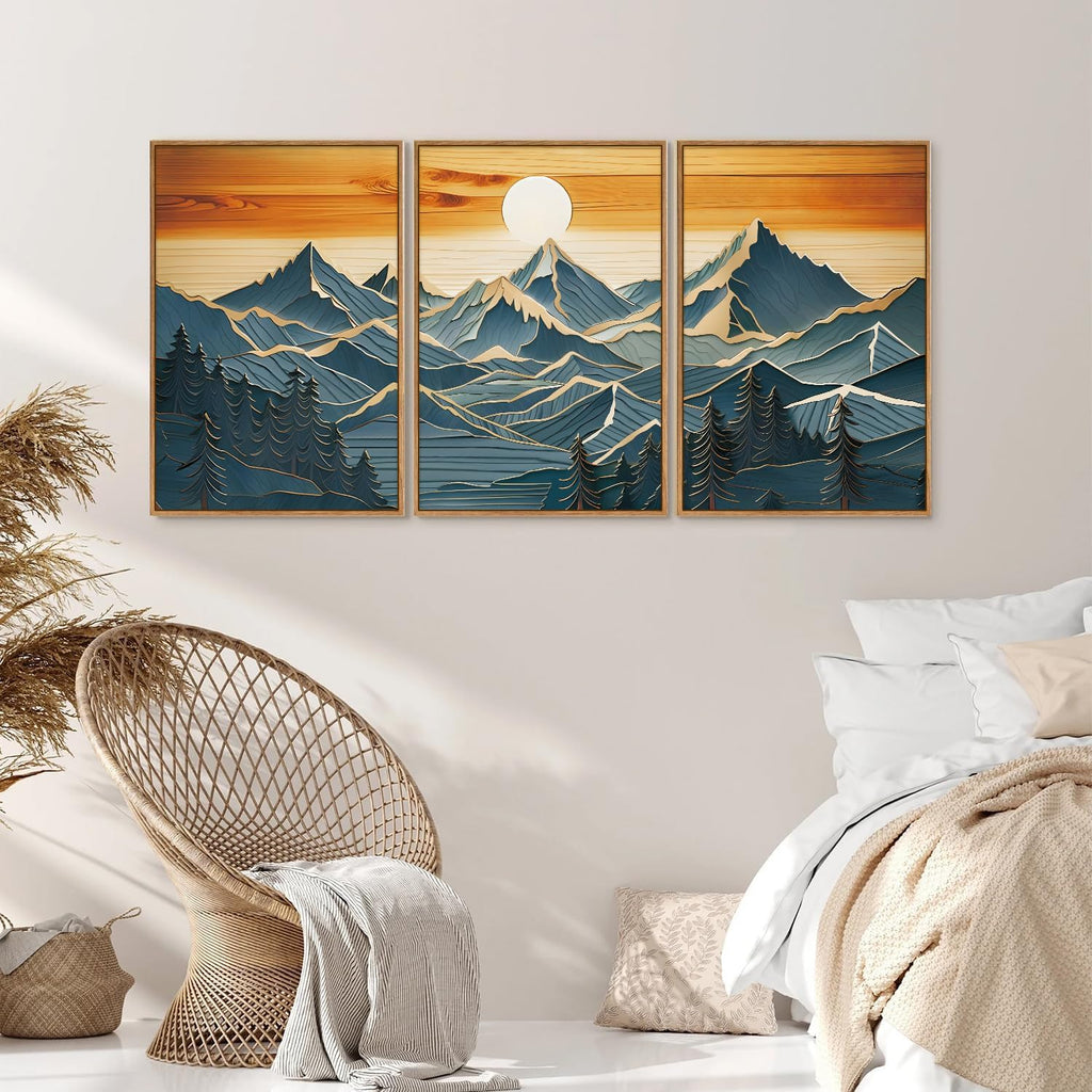 Large Mountains Framed Canvas Wall Art Set of 3, Boho Nature Woodcut Forest Art Prints, Mid Century Modern Wall