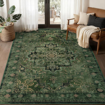 Vintage Dark Green Area Rugs, Tranditional Distressed Medallion Printed Low Pile Thin Rugs, Non Slip Washable