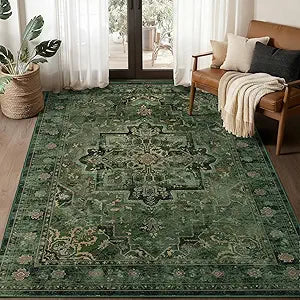 Vintage Dark Green Area Rugs 5x7, Tranditional Distressed Medallion Printed Low Pile Thin Rugs, Non Slip Washable