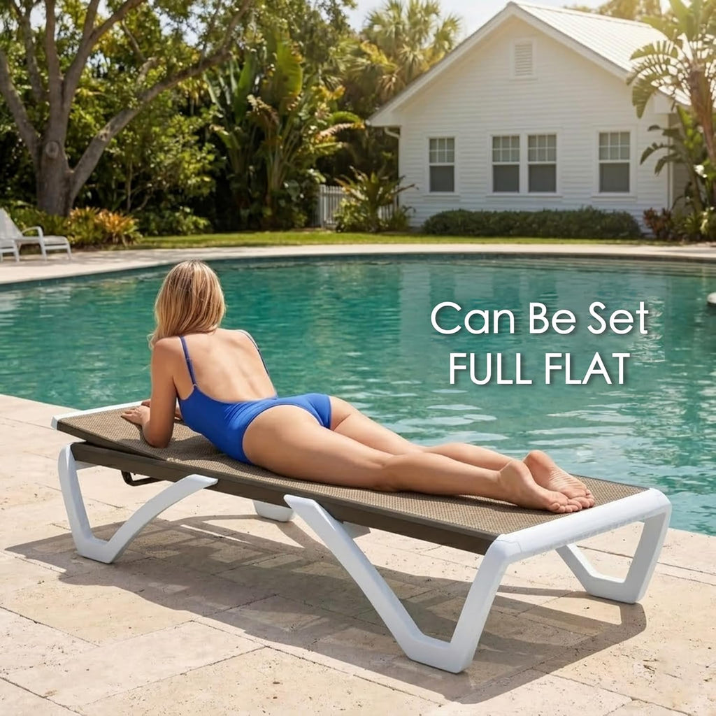 Outdoor Chaise Lounge Chair, Fully Flat Adjustable Patio Lounger | Aluminum Frame & Resin Legs, Textilene Fabric