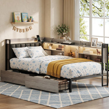 Twin Corner Bed Frame with Bookcase Storage and PU Upholstered, Twin Daybed with 2 Drawers and Charging Station