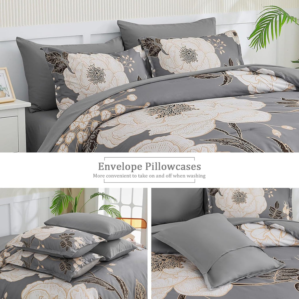 Floral Comforter Set 7 Pieces Bed in a Bag, White Flower Print on Grey Bedding Set