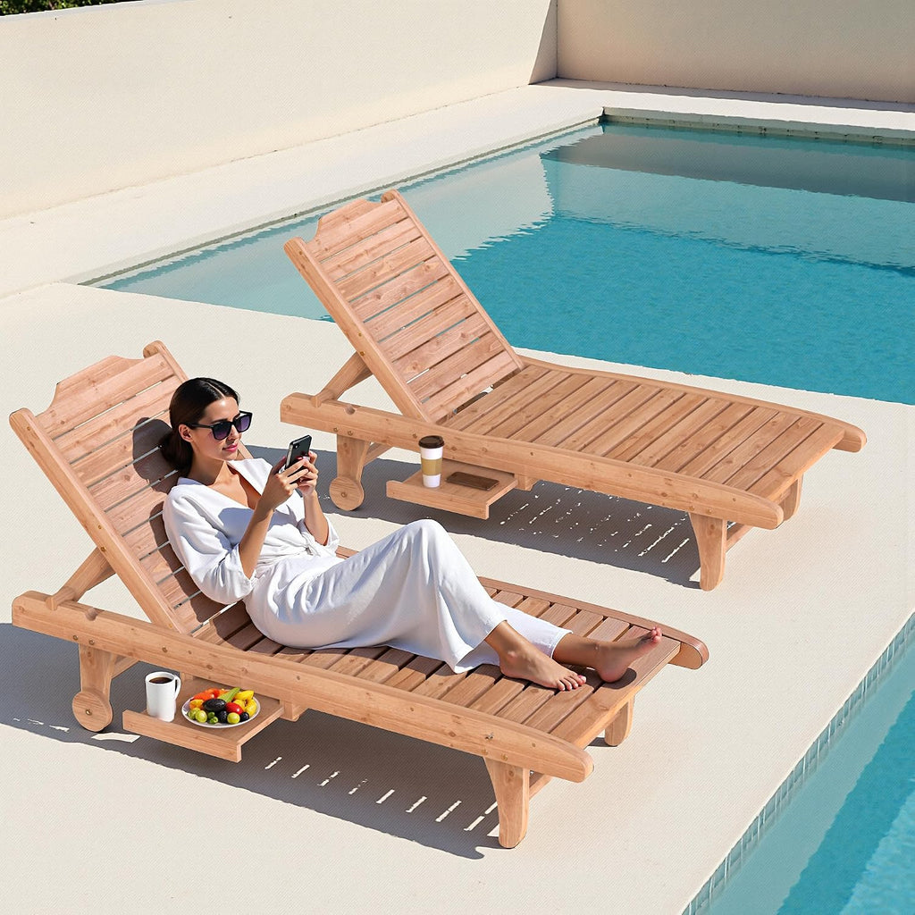 Wooden Chaise Lounge Chair, 3-Position Adjustable Outdoor Tanning Chair with Hidden Side Tray & Wheels, Poolside