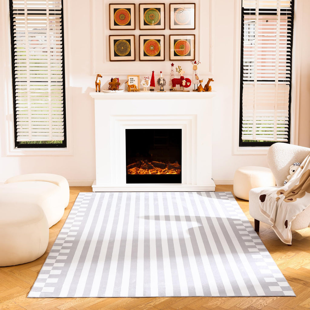 Gray Striped Area Rug Washable Low Pile Carpet