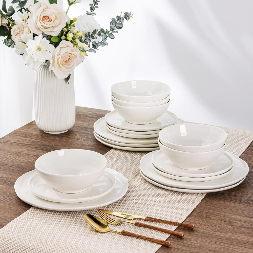 Ceramic Dinnerware Sets for 8,Porcelain Plates and Bowls Sets with Wavy Edge
