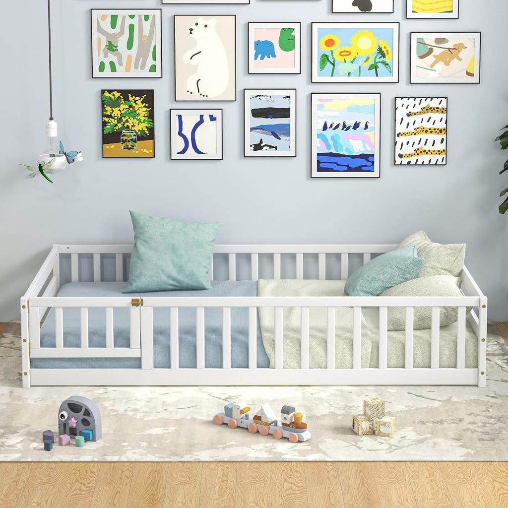 Twin Floor Bed for Kids, Wood Montessori Bed with Safety Guardrails, Floor Bed Frame for Kids, Boys, Girls, No Box